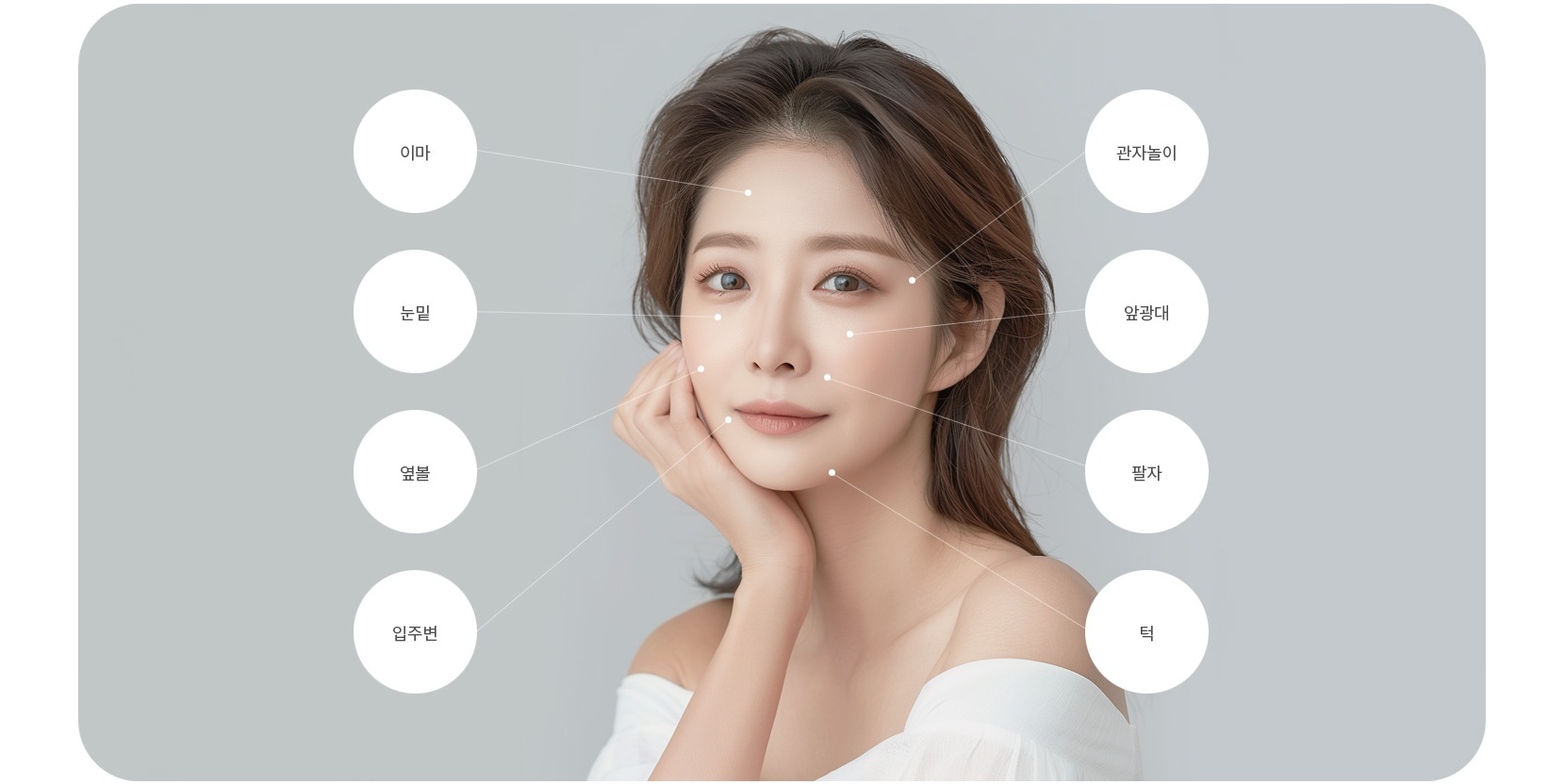 PRP 지방이식 수술부위 — 이마·눈밑·앞광대·볼·관자놀이·입꼬리·턱